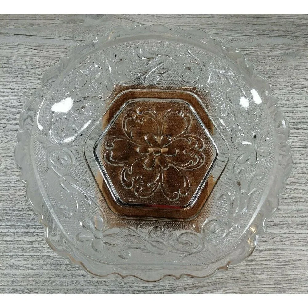 VTG Duncan & Miller Floral Pressed Sandwich Glass Textured Surface Hexagon Bowl